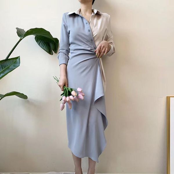 

casual dresses sisjuly women autumn color block dress pleated single-breasted asymmetrical designer korean style vestido, Black;gray