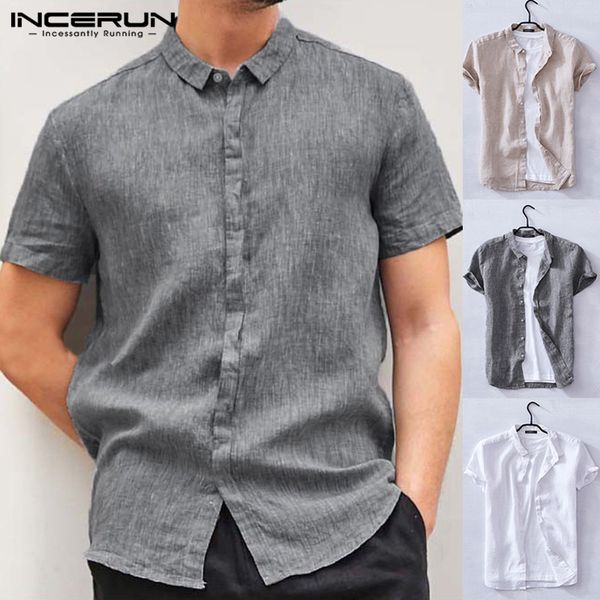 

incerun chinese style loose summer thin section youth slim men's short sleeved linen shirt cotton linen camisa masculina, White;black