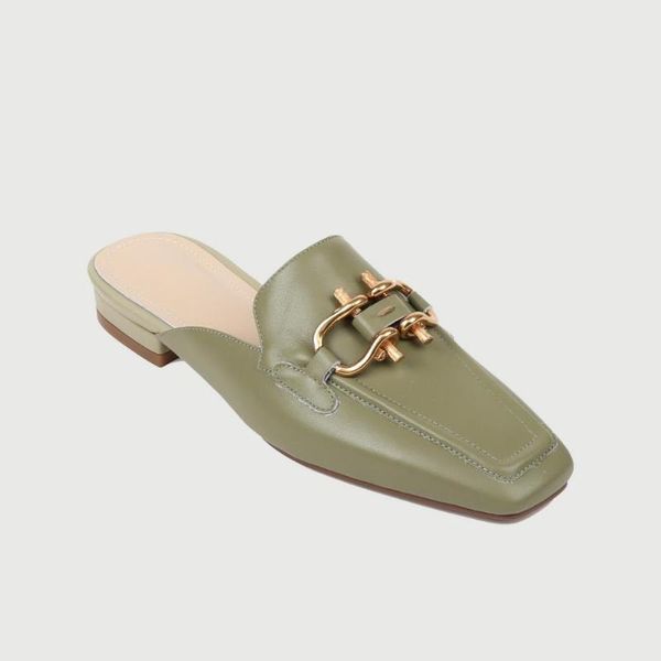 

summer new genuine cow leather style women's muller shoes metal buckle low heels square toe ladies slippers, Black