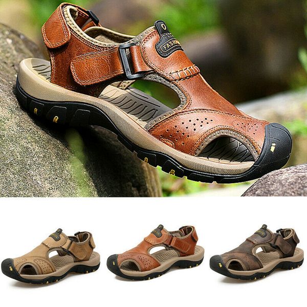 

sandals men's summer sports beach leather casual walking hiking closed toe shoes genuine, Black
