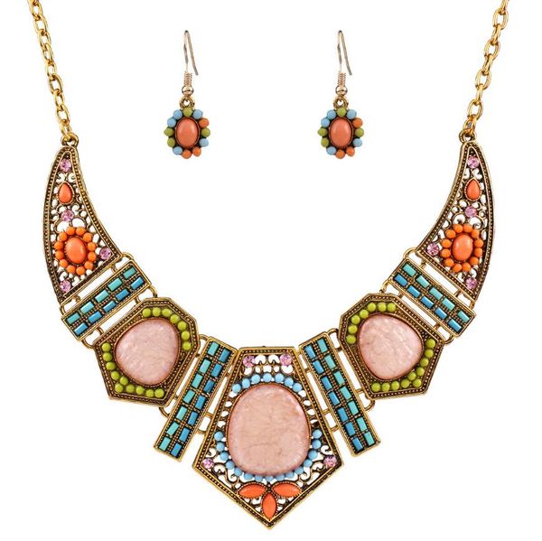 

jewelry resin jewelry sets colorful hollow out geometry ethnic necklace earrings for women fashion, Silver