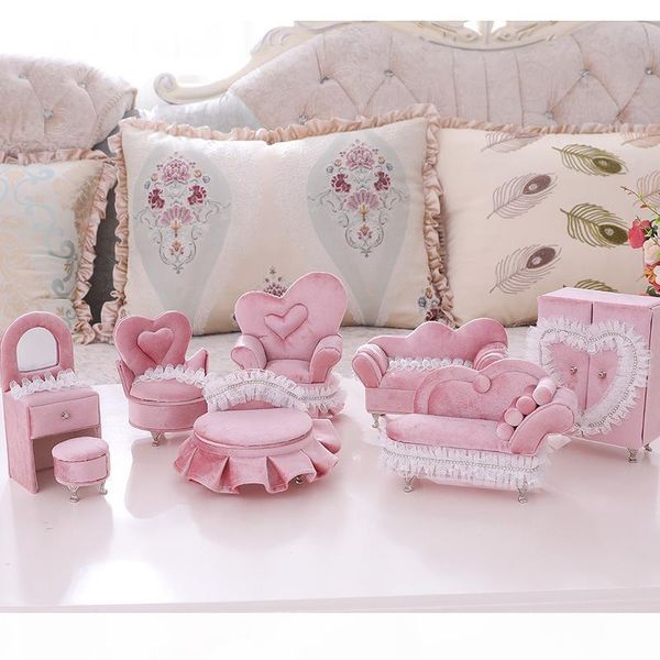 

lace pink flannel european korean high-end mini furniture sofa jewelry box storage ring boxes holder shooting props, Black;white