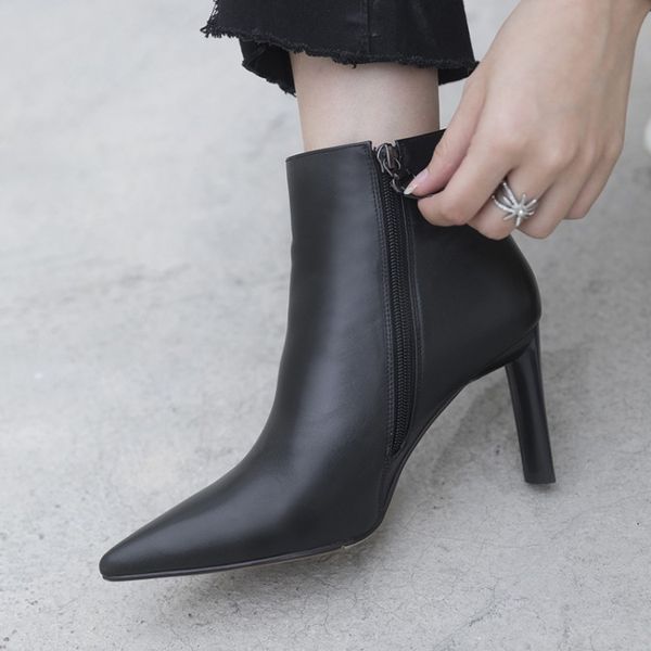 

boots black white genuine leather ankle pointed toe high heel shoes women formal ladies career