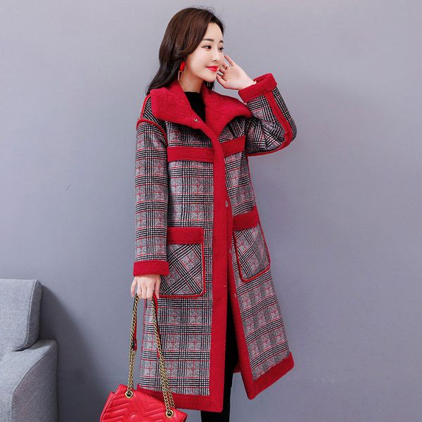 

new wool liner fur coat women autumn and winter 2020 fashion medium-long thick warm plaid wool blends outerwear, Black