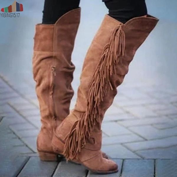 

women long boots fashion tassel high heels knee high boots solid flock leather slip-on long spring autumn 2020 botas mujer, Black