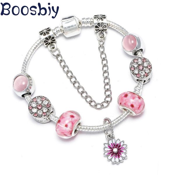 

boosbiy 2020 new fashion silver plated pink diasy charms beads fit brand charms bracelets jewelry gift for women, Golden;silver