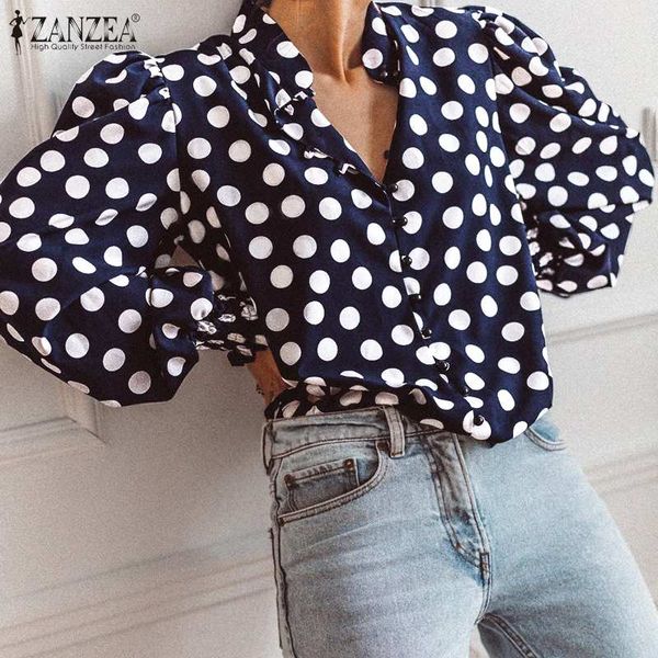 

zanzea bohemian polka dot print tunic office lady work chic blusas 2020 fashion shirts women puff sleeve blouses plus size, White