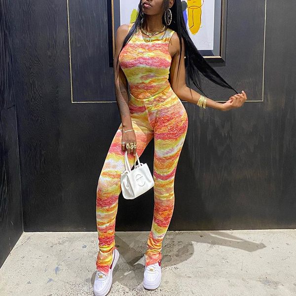 

fitness fashion 2 pieces tight sports suit set women tie dye print sporty sleeveless tank high waist leggings outfits, Gray