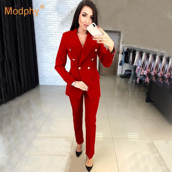 

work fashion pants suit 2 piece set ladies double-breasted blazer jacket and pants office women set female 2020 autumn new, Gray