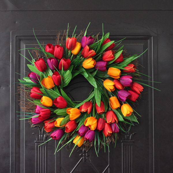 

decoration party lifelike artificial wreath window silk cloth tulip floral green
