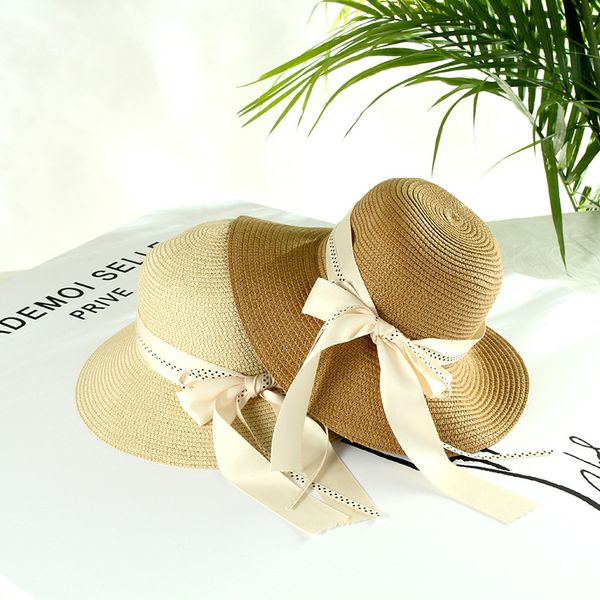 

2020 new summer straw hat female vacation-hat bow ribbon foldable sun-protection outdoor wide-brim beach hat fisherman caps, Blue;gray