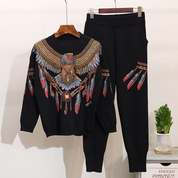 

autumn new 2 piece set women eagle embroidery knitted sweaters winter clothes two piece set pants casual ladies tracksuits, Gray