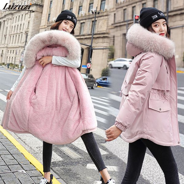 

luzuzi 2020 cotton thicken warm winter jacket coat women casual long parkas winter fur lining hooded parka mujer coats outwear, Black