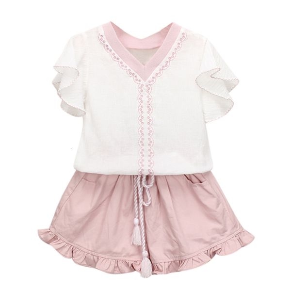 

new arrival toddler kids baby girls outfits clothes embroidery t-shirt+ruffles shorts set z0128, White