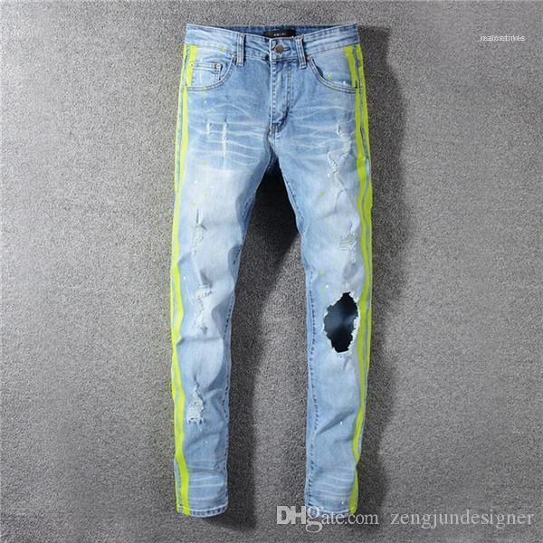 

hip hop style homme clothing solid color straight pants fashion casual apparel mens fashion summer designer hole jeans, Blue