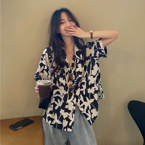 

mazefeng 2020 new chic vintage floral printing button up women shirt short sleeve blouse for womens summer loose female shirts, White