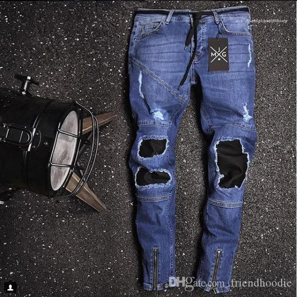 

denim blue jeans patched designer male rapper skateboard biker pencil jeans mens fashion
