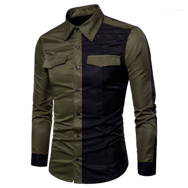 

mature long sleeve causal breathable men clothing patchwork contrast color mens shirts spring autumn slim, White;black