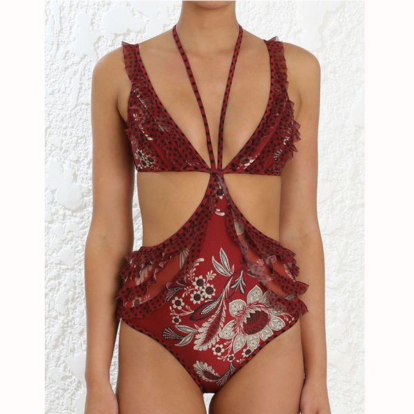 

women one piece swimsuit halter high waist high cut deep plunge swimwear cut out bikini monokini swimwear ruffle trim