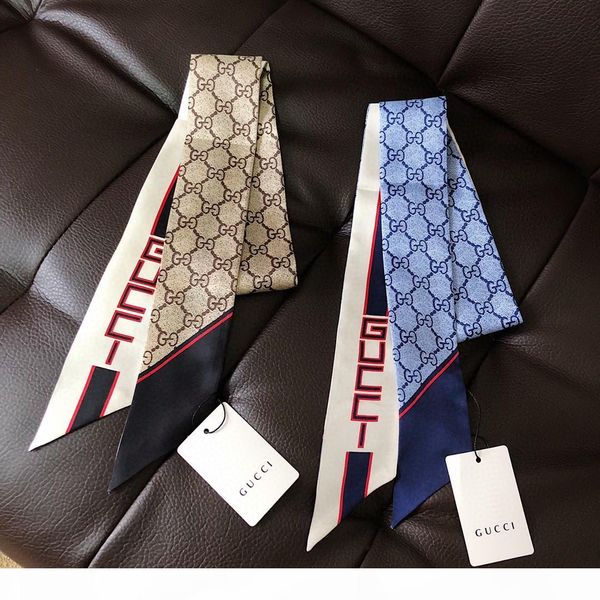 

2019 new designer silk handbag long scarf shawl for women italy brand silk scarves small scarfs for bag head scarf 120*7cm, Blue;gray