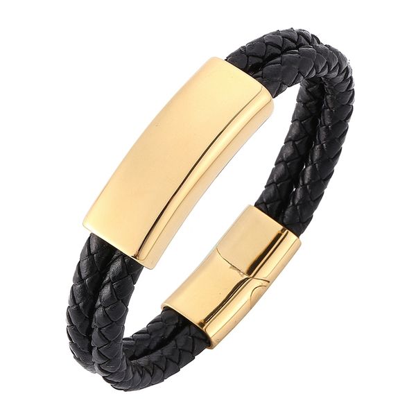 

trendy jewelry men black double braided leather bracelet male smooth/brushed stainless steel magnetic clasp bangle c0320, Golden;silver