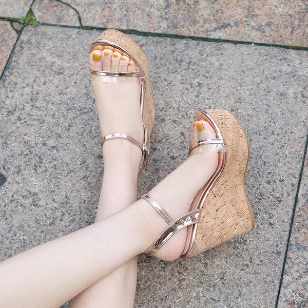 

2020 summer new transparent word buckle with super high heel wedge female sandals thick bottom women's shoes large size, Black