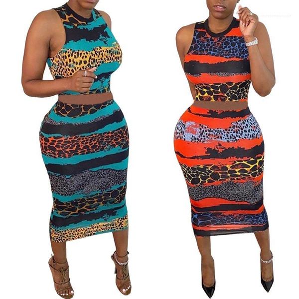 

set striped leopard printed sleeveless vest knee length hip dress plus size casual dress suits women two piece summer outfits dress, White