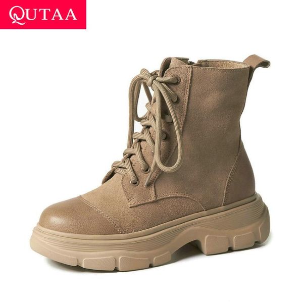 

qutaa 2021 cow suede cow leather ankle boots casual round toe zipper lace up ladies shoes square high heel women boots size34-41, Black