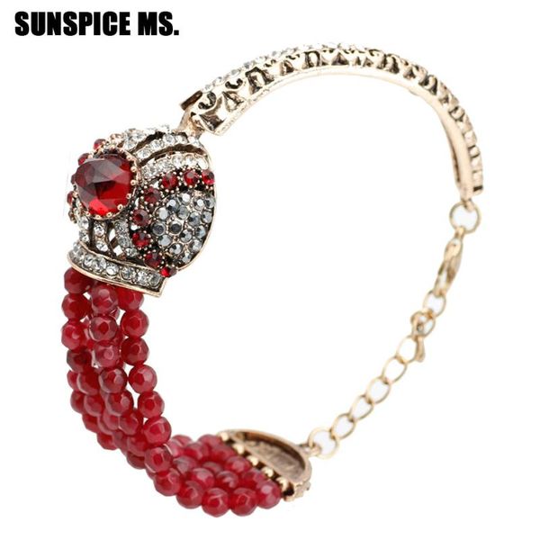 

2020 turkish red crystal charm bracelets for women natural stone beads bangle cuff antique gold color fashion wedding jewelry, Golden;silver