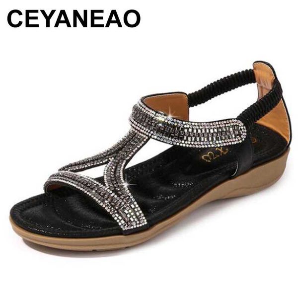 

ceyaneao women sandals 2020 new summer bohemian hollow sandals triangle rhinestones soft bottom wedge flat shoes women, Black
