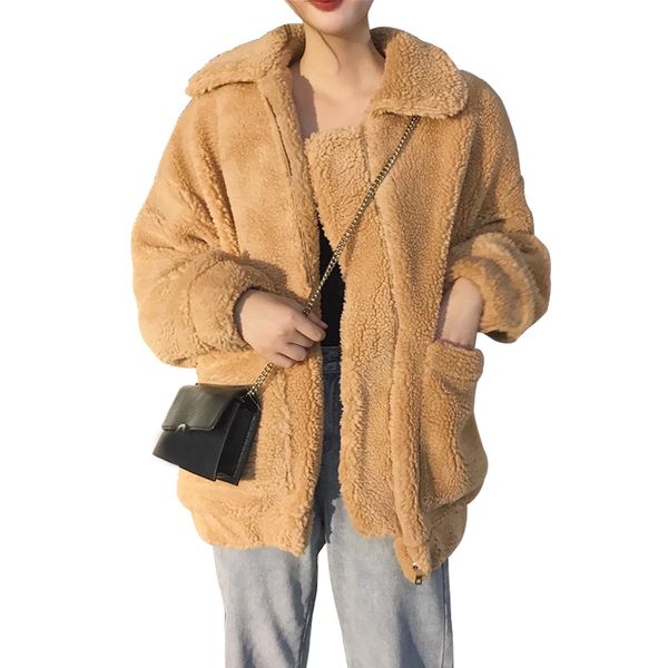 

women faux lambswool shaggy coat autumn winter thicken solid pocket warm plush jacket casual female loose oversize outerwear, Black;brown