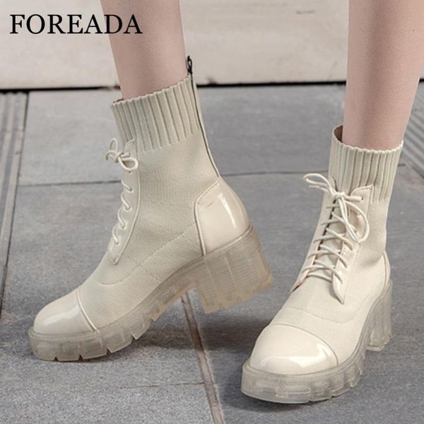 

boots foreada high heel woman platform block mid calf lace up round toe ladies shoes autumn winter black beige 33-44