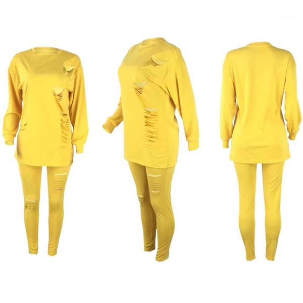 

womens natural color tracksuits casuak long sleeve ankle length pants ripped women s clothing 2 piece set, Gray