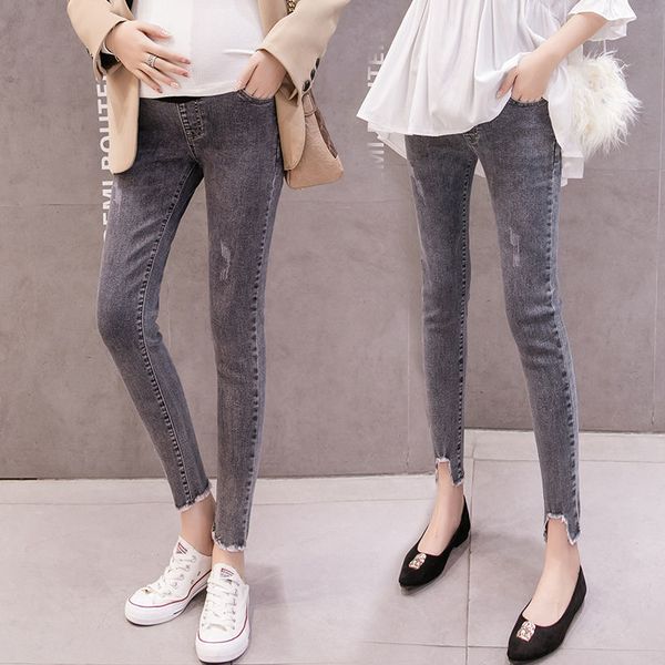 

2020 pregnant women spring autumn new elastic high waist adjustable skinny denim pants maternity long thin jeans trousers c96, White