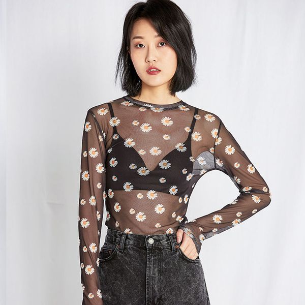 

summer women blouses and shirts long sleeve little daisies printed mesh streetwear transparent shirts for women, White