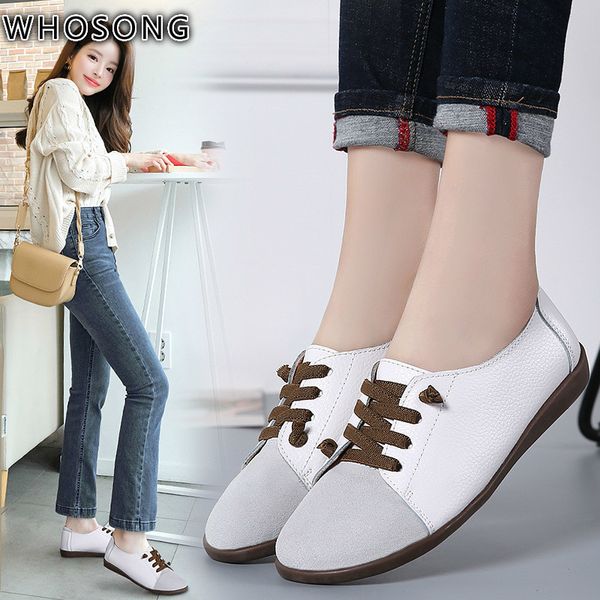 

genuine leather shoes woman spring ladies shoes slip on ballet flats breathable non-slip sneakers women oxford plus size, Black