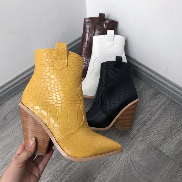 

black white brown yellow autumn winter ankle boots for women western cowboy boots woman wedge high heel boots pointed toe 2019