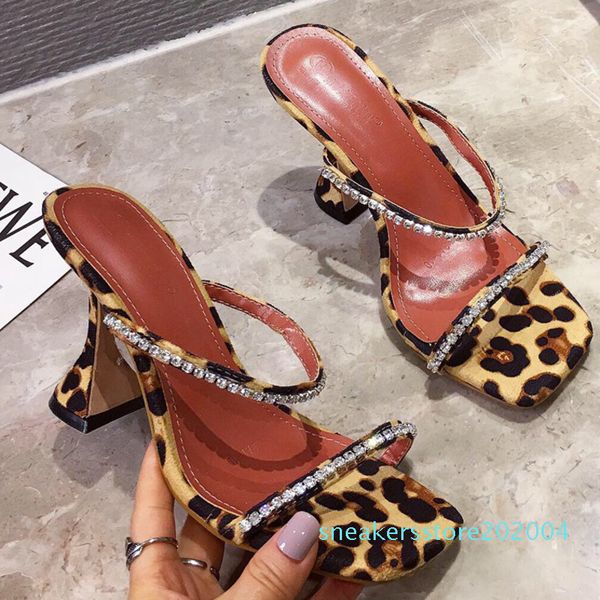 

leopard grain summer 2020 mules slippers women fashion sandals open toe diamond crystal high heels spike heel shoes s04, Black