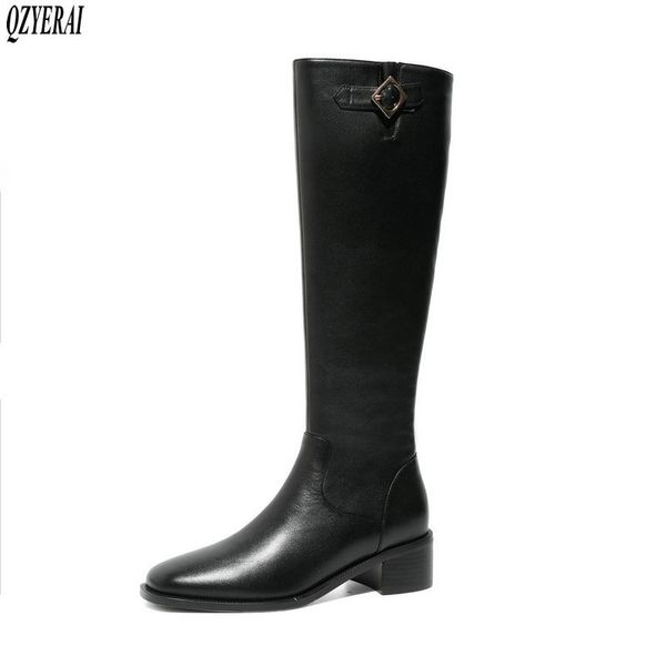 

boots winter style knee high genuine leather women warm motorcycle black snow cowhide shoes