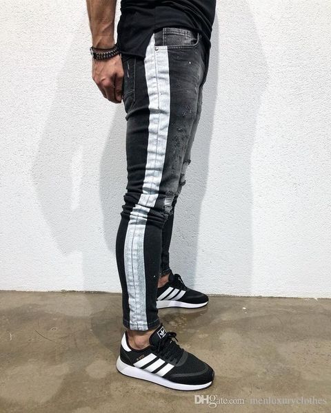 

hombre men pantalones ripped jeans black side striped draped biker jean pencil pants mens designer jeans, Blue
