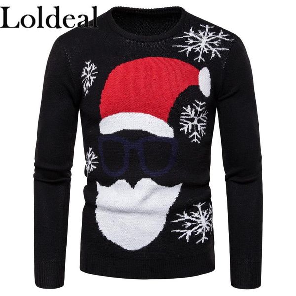 

loldeal men long sleeve sweater santa print round neck blend warm slim knit, White;black