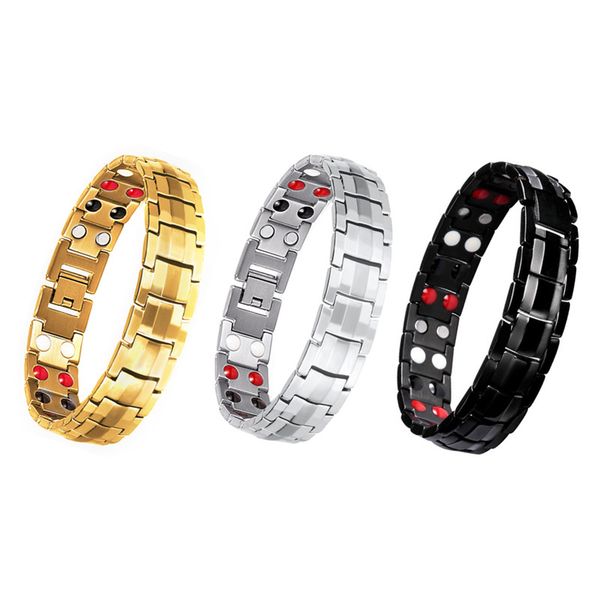 

men stainless steel bracelets for women weight loss black bracelet men hand chain energy health germanium magnetic bracelet, Golden;silver