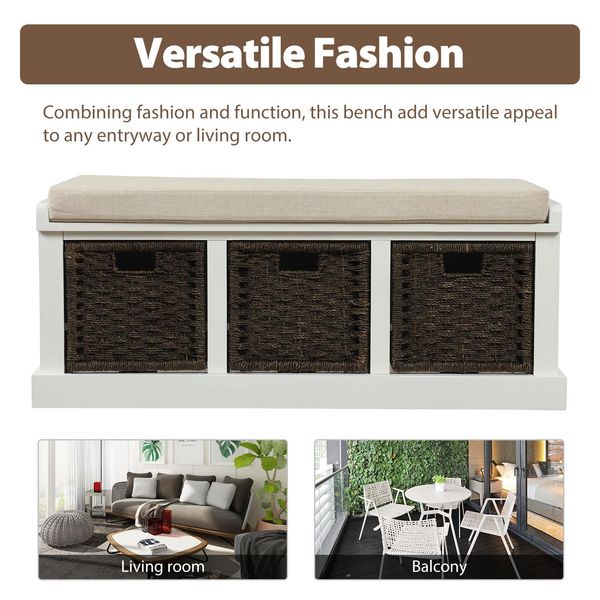 

trexm rustic storage bench with 3 removable classic fabric basket entryway bench storage bench with removable cushion white wf193443aak