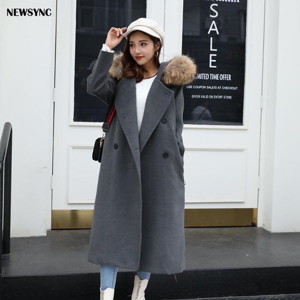 

newsync women woolen overcoat big size 2020 new coats with fur winter spring office lady trench euro 50 52 female outerwear, Black