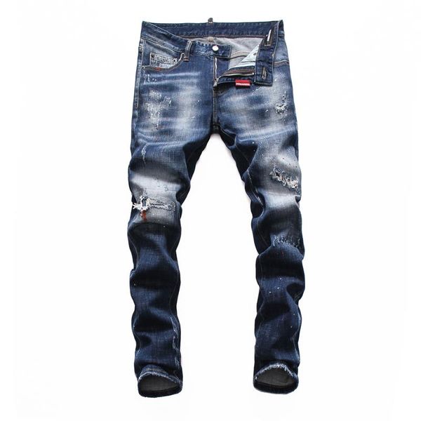 

новая печать мужская одежда мода мужские рваные узкие джинсы прохладный pattern пятнистый истинные брюки изношенные slim fit denim карманные, Blue