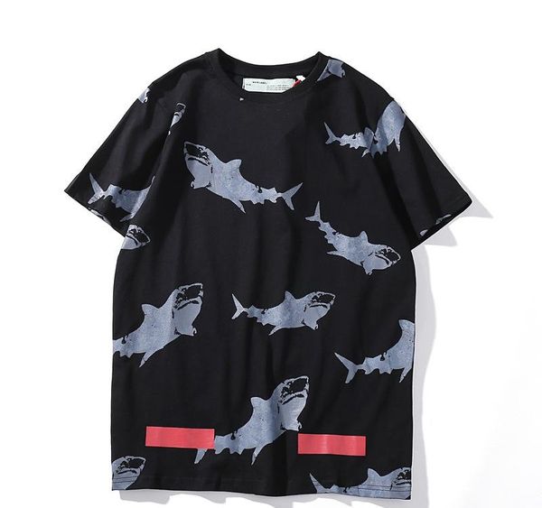 

2019 summer new full body printed shark off short sleeve t-shirt white men and women round neck loose tee m-2xl01, White;black