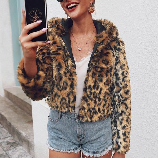 

women's fur & faux 2021 autumn winter leopard coat for women long sleeve short outwear elegant soft zipper jacket overcoat#g30, Black
