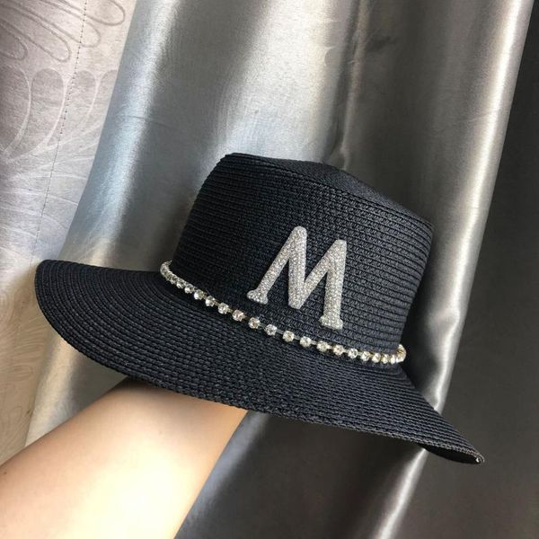 

black crystal wide-brimmed college style straw hat female korean-style sun beach hat summer wild the sun flat cap tide, Blue;gray