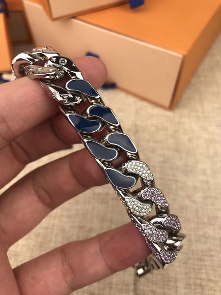 

chain links patches bracelets colored enamel 18k gold thick bracelets fashion men women titanium steel engrave jewelry with box v78, Black