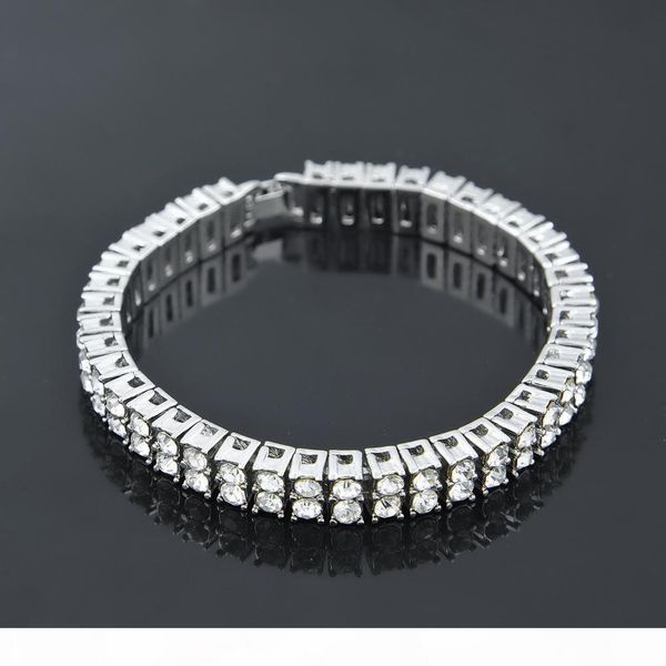 

f hip hop men silver gold plated iced out 2 row rhinestones bracelet chain clear simulated diamond bracelet men women, Golden;silver